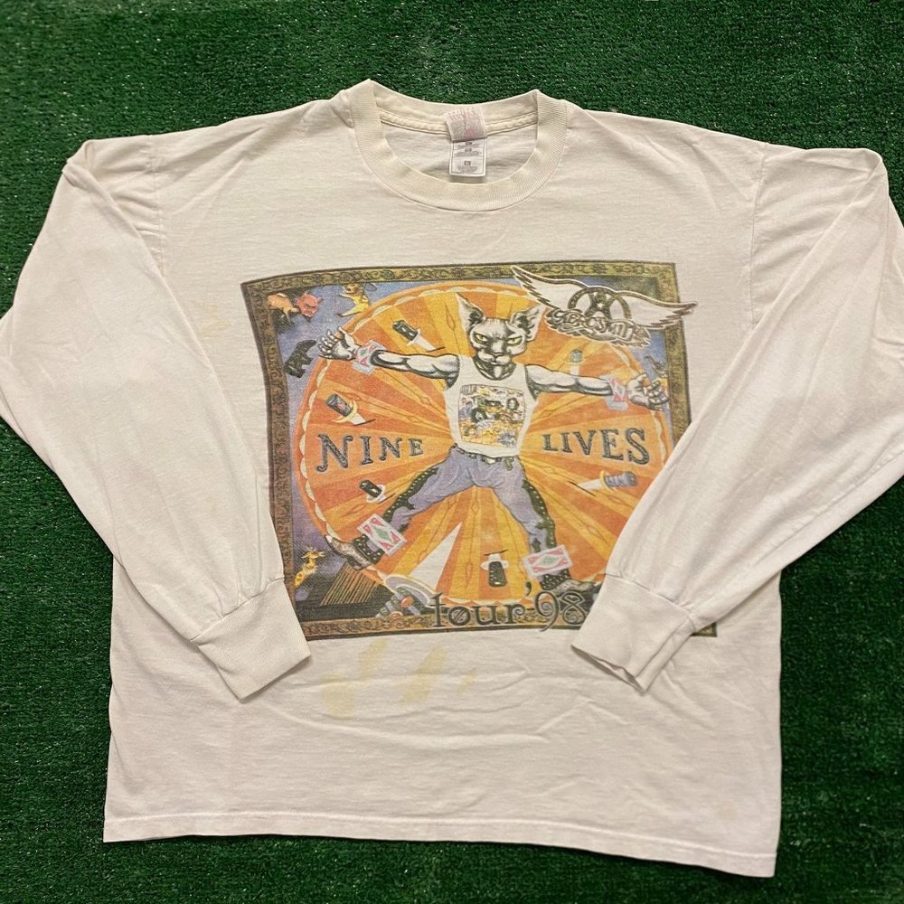 Vintage 90s Aerosmith Nine Lives Tour 1998 T-Shirt Long Sleeve Hell Cat White XL